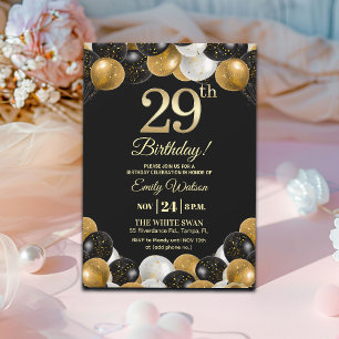 Elegante schwarze Gold-Glitter 29. Geburtstagsfeie Einladung