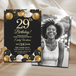Elegante schwarze Gold-Glitter 29. Geburtstagsfoto Einladung