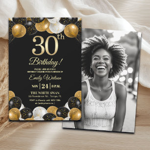 Elegante schwarze Gold-Glitter 30. Geburtstagsfoto Einladung