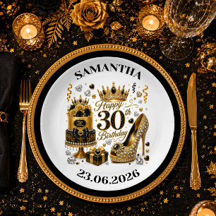 Elegante Schwarze Gold Glitter 30. Geburtstagsplat Pappteller