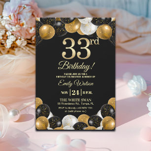 Elegante schwarze Gold-Glitter 33. Geburtstagsfeie Einladung