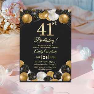 Elegante schwarze Gold-Glitter 41. Geburtstagsfeie Einladung