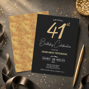 Elegante schwarze Gold-Glitter-41-Geburtstagsfeier Einladung