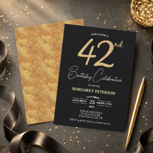 Elegante schwarze Gold-Glitter 42. Geburtstagsfeie Einladung