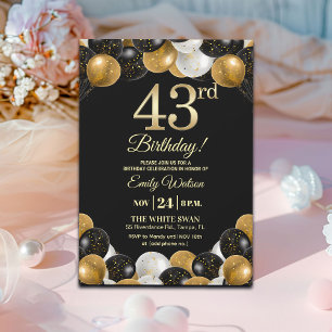 Elegante schwarze Gold-Glitter 43. Geburtstagsfeie Einladung