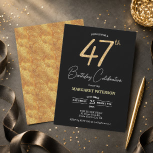 Elegante schwarze Gold-Glitter-47.-Geburtstagsfeie Einladung