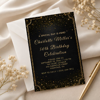 Elegante schwarze Gold-Glitter 50. Geburtstagsfeie Einladung