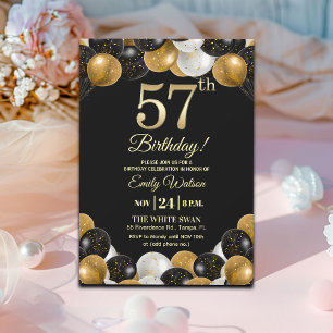 Elegante schwarze Gold-Glitter 57. Geburtstagsfeie Einladung