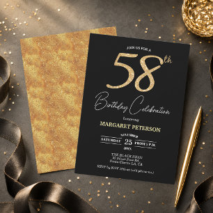Elegante schwarze Gold-Glitter 58. Geburtstagsfeie Einladung