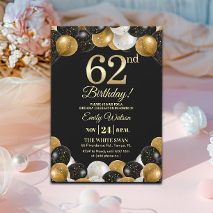 Elegante schwarze Gold-Glitter 62. Geburtstagsfeie Einladung