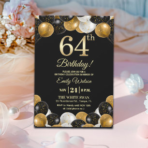 Elegante schwarze Gold-Glitter 64. Geburtstagsfeie Einladung
