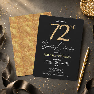Elegante schwarze Gold-Glitter 72. Geburtstagsfeie Einladung
