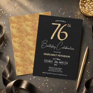 Elegante schwarze Gold-Glitter-76-Geburtstagsfeier Einladung