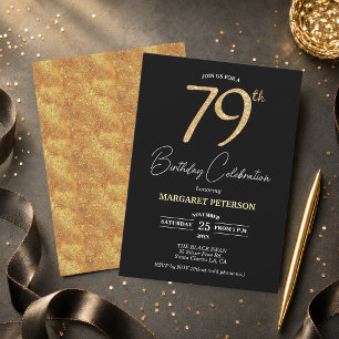 Elegante schwarze Gold-Glitter 79. Geburtstagsfeie Einladung