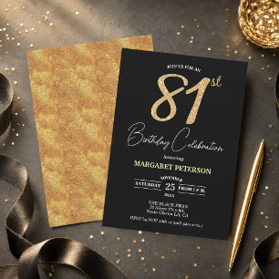 Elegante schwarze Gold-Glitter 81. Geburtstagsfeie Einladung