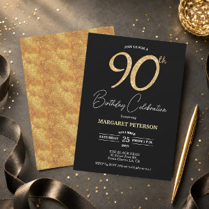 Elegante schwarze Gold-Glitter 90. Geburtstagsfeie Einladung
