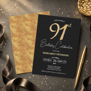 Elegante schwarze Gold-Glitter 91. Geburtstagsfeie Einladung
