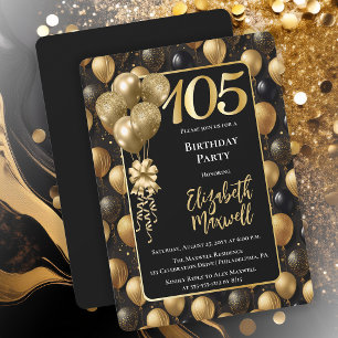 Elegante schwarze Gold-Glitter-Ballons 105. Geburt Einladung