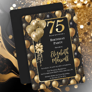Elegante schwarze Gold-Glitter-Ballons 75. Geburts Einladung