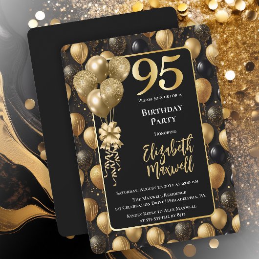 Elegante schwarze Gold-Glitter-Ballons 95. Geburts Einladung