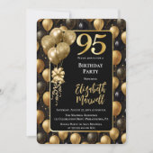Elegante schwarze Gold-Glitter-Ballons 95. Geburts Einladung (Vorderseite)
