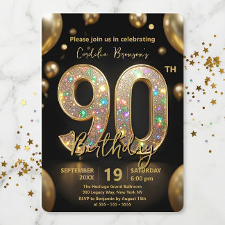Elegante schwarze Gold-Glitter-Balloons 90. Geburt Einladung