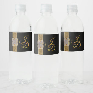 Elegante schwarze Gold-Glitter-Brosche Hochzeit Wasserflaschenetikett
