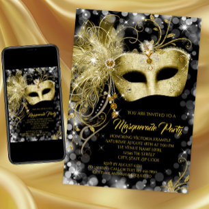 Elegante schwarze Gold-Glitter-Masquerade-Party Einladung