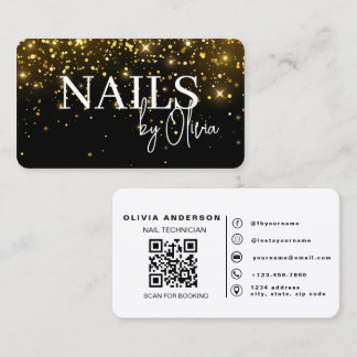 Elegante schwarze Gold-Glitter-Nageltechniker-QR-C Visitenkarte