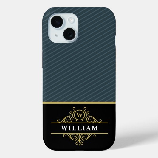 Elegante Schwarze Gold Monogram Gray Pinstripe Case-Mate iPhone Hülle (Rückseite)