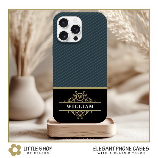 Elegante Schwarze Gold Monogram Gray Pinstripe Case-Mate iPhone Hülle