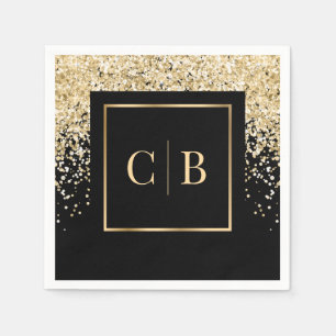 Elegante schwarze Gold-Monogramm-Konfetti-Hochzeit Serviette
