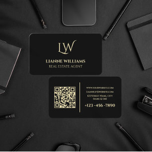 Elegante schwarze Gold-Monogramm-Rechtsanwalt-QR-C Visitenkarte
