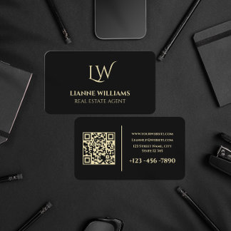 Elegante schwarze Gold-Monogramm-Rechtsanwalt-QR-C Visitenkarte