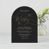 Elegante schwarze Gold-QR-Code-All-in-one-Bogen-Ho Einladung (Stehend Vorderseite)