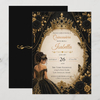 Elegante schwarze Gold Quinceañera Einladung