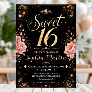 Elegante Schwarze Gold-Rosa Florale Sweet 16 Einladung