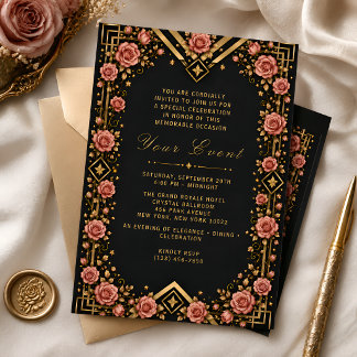 Elegante schwarze Gold-Rosen-Gala-Feier Einladung