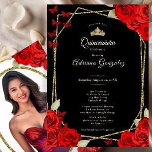 Elegante Schwarze Gold- und Rote Rosen Quinceanera Einladung