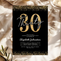 Elegante schwarze Goldene 30. Geburtstagseinladung