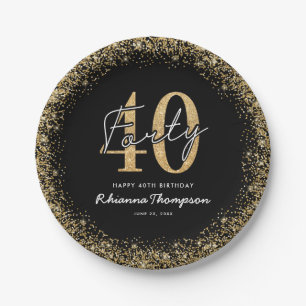 Elegante schwarze Goldene 40. Geburtstagspapierpla Pappteller