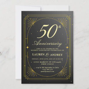 Elegante schwarze & goldene 50. Hochzeitstag-Jubil Einladung