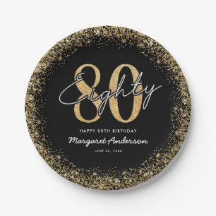 Elegante schwarze Goldene 80. Geburtstagspapierpla Pappteller