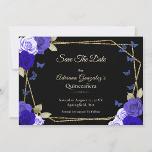 Elegante schwarze goldene blaue Rosen Quinceanera Save The Date