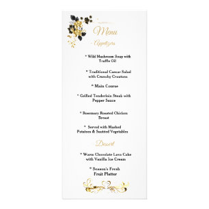 Elegante schwarze goldene Blumen-Event-Abendmenü Werbekarte
