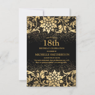 Elegante schwarze goldene Blumen Glitter 18. Gebur Einladung