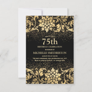 Elegante schwarze goldene Blumen Glitter 75. Gebur Einladung