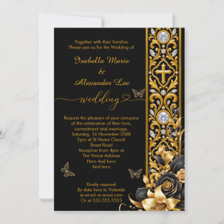 Elegante schwarze goldene exotische Blumenhochzeit Einladung