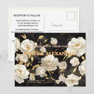 Elegante schwarze goldene florale weiße Rosen Hoch Einladungspostkarte