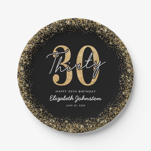 Elegante schwarze goldene Geburtstagspapierteller Pappteller (Vorderseite)